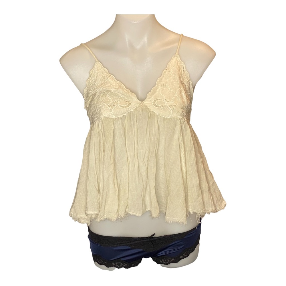 Free People Baby Doll Crop Top Cream Lacy Tank Top Spaghetti Strap Camisole XS